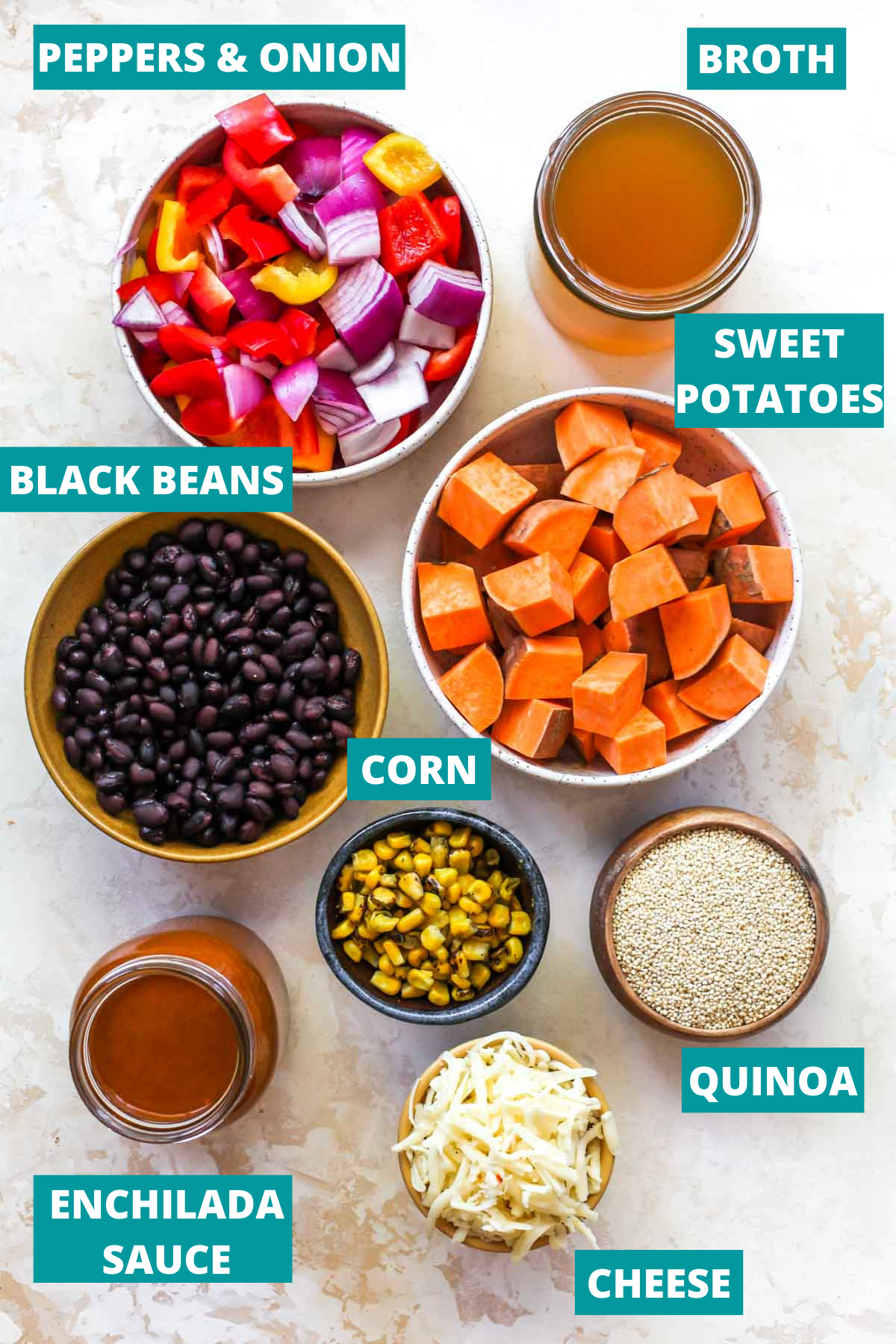 Sweet potatoes, peppers, beans, sauce, and quinoa in separate bowls with ingredient labels
