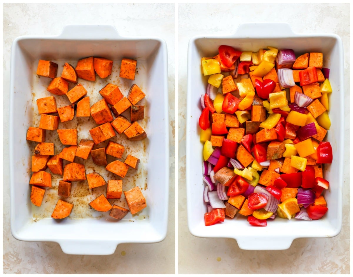 Sweet potatoes and bell peppers in a white pan tossed with oil and spices