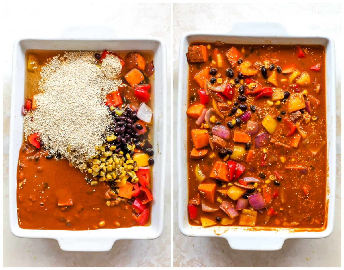 Quinoa, enchilada sauce, and black beans stirred into pan with vegetables