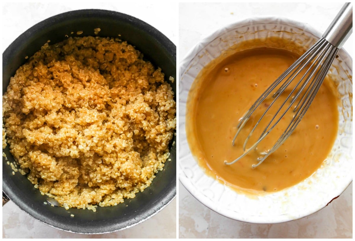 Quinoa cooked in a small saucepan; ginger dressing being whisked together