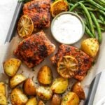 Chili-lemon salmon dinner on a sheet pan