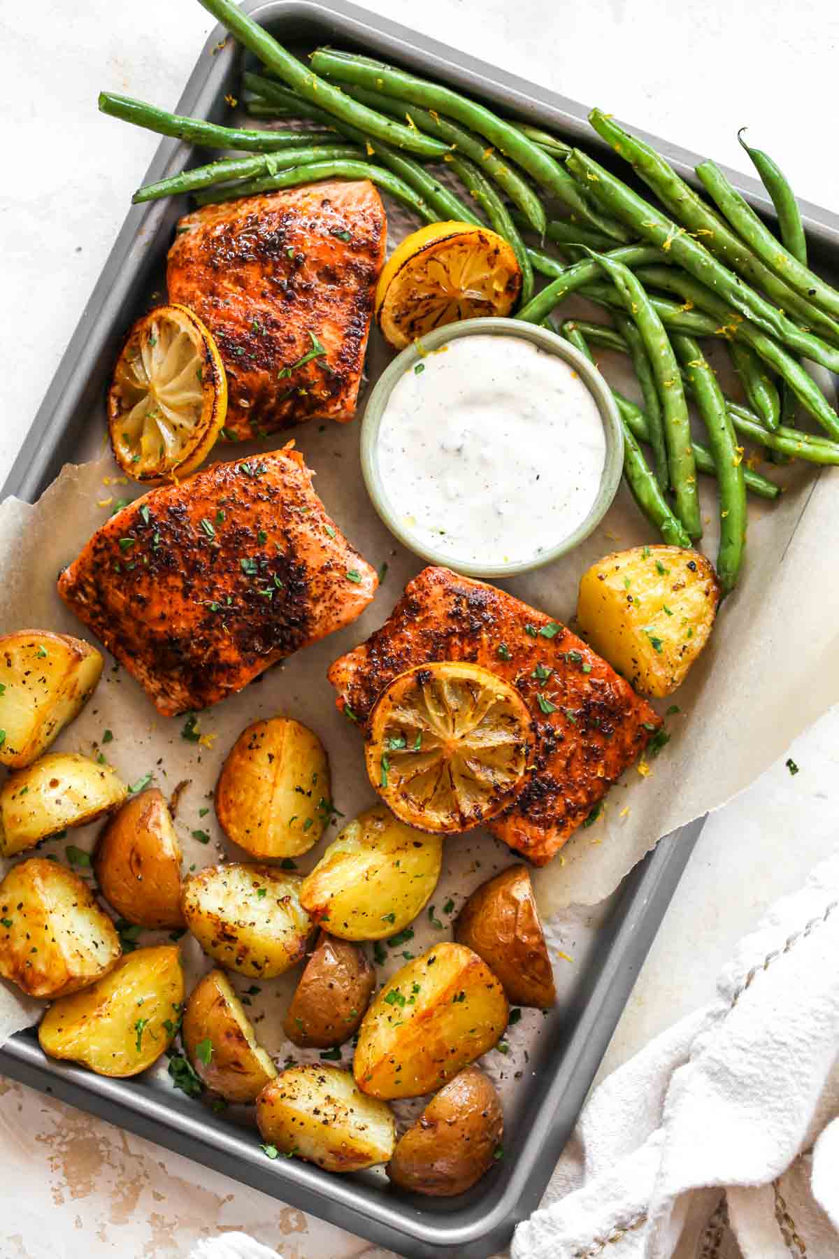 Chili-lemon salmon dinner on a sheet pan