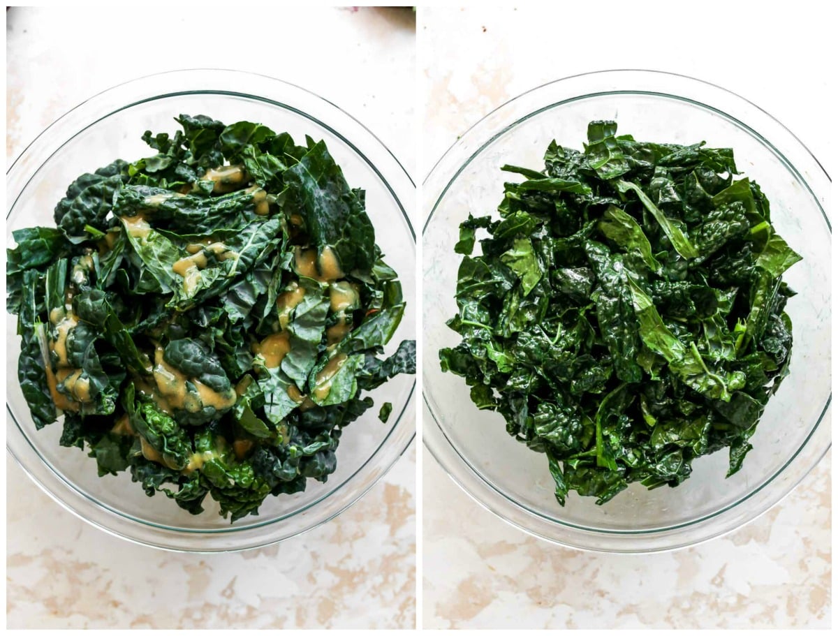 Dressing being massaged into kale