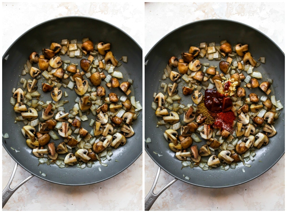 Mushrooms and onions sautéing in a pan with spices being added