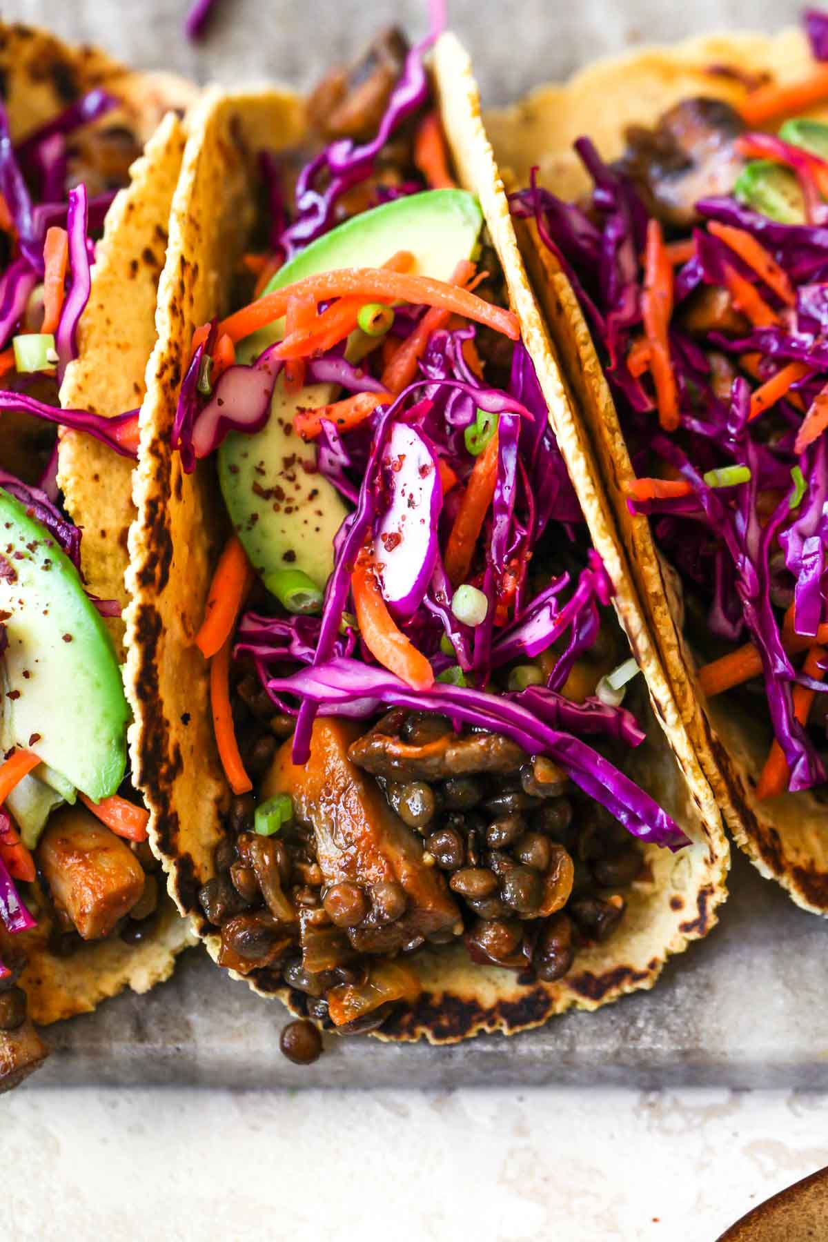 Lentil and mushroom stuffed corn tortillas
