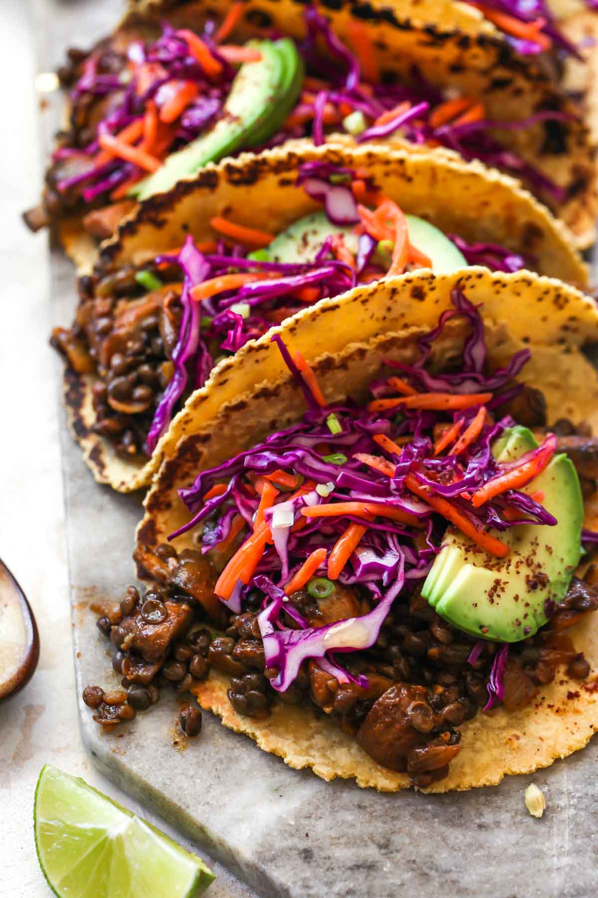 Lentil and mushroom mixture filled in tortillas