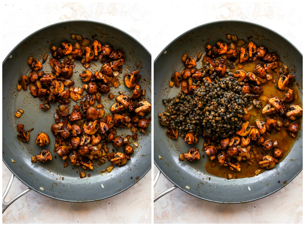 Lentils being added to a skillet with mushrooms