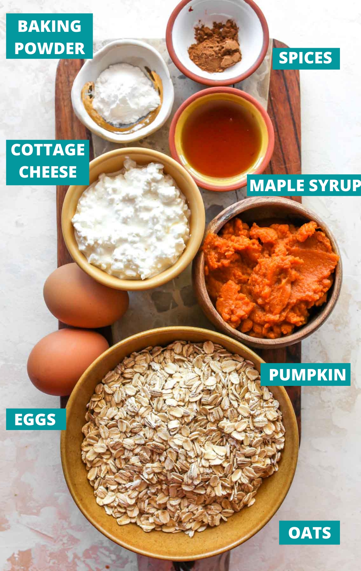 Recipe ingredients in separate bowls with blue labels.