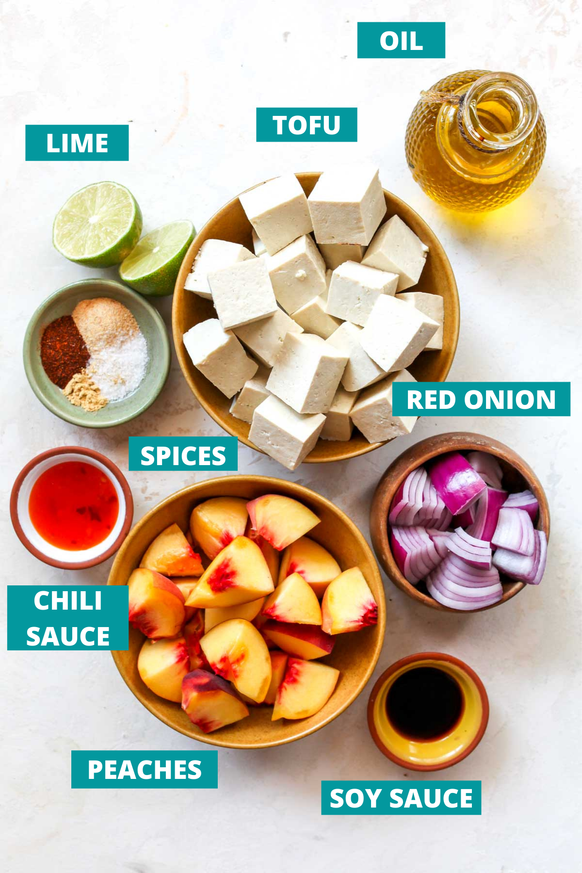 Recipe ingredients in separate bowls with blue labels