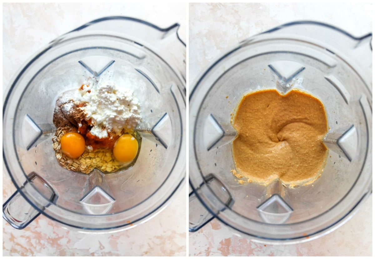 Pancake batter being blended in a blender until smooth.