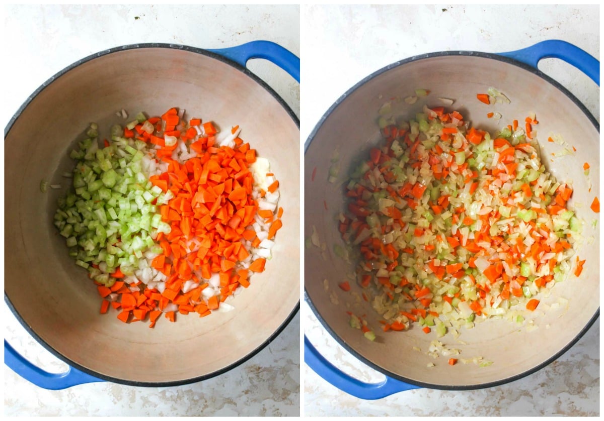 Onion, carrots, and celery being sautéed in a Dutch oven