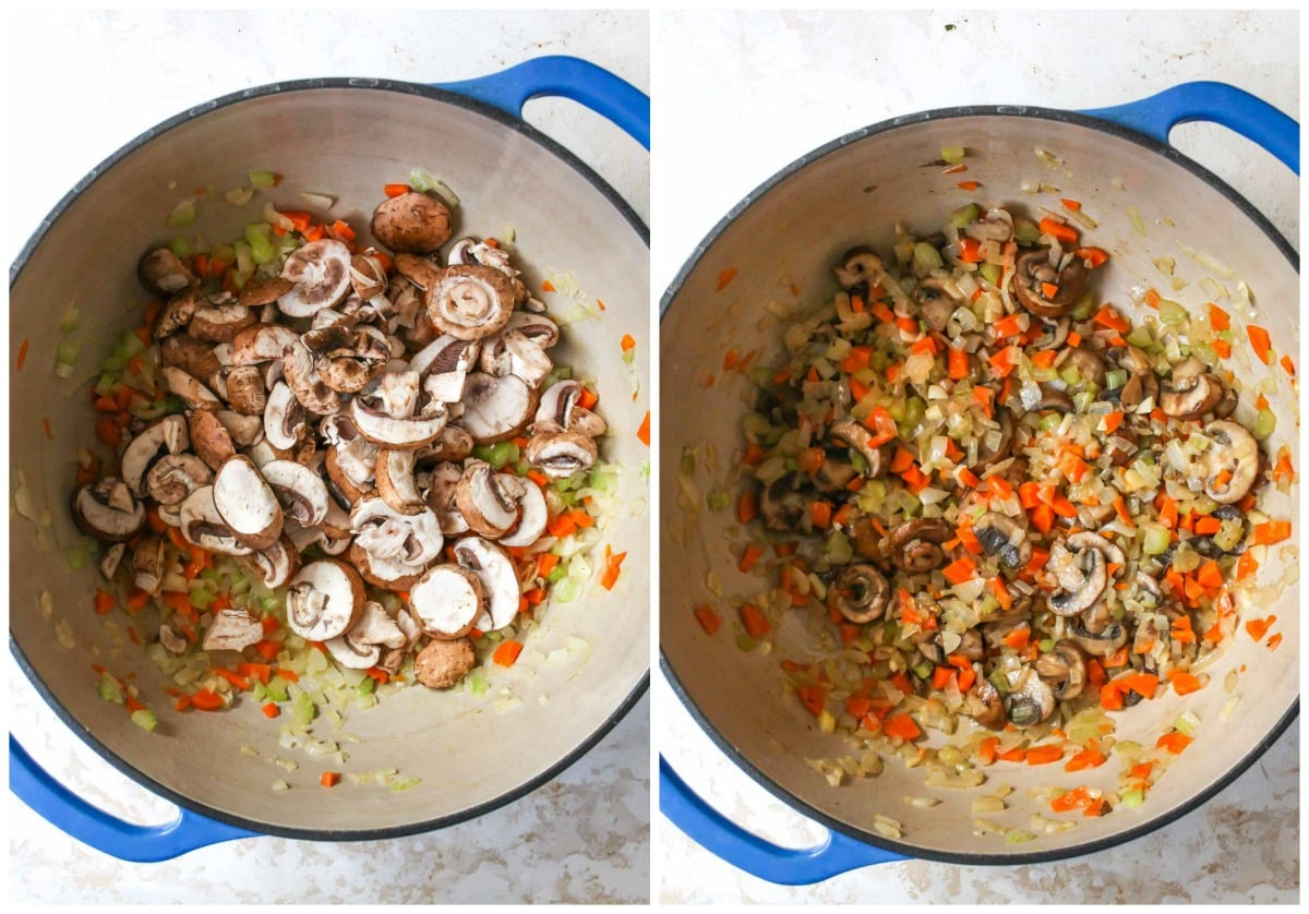 Mushrooms being added to mirepoix in a large blue pan