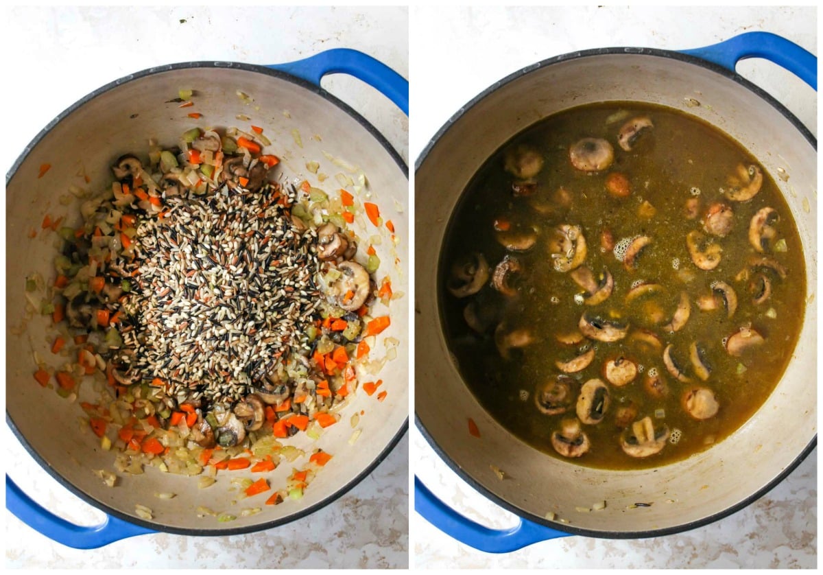 Wild rice being mixed into sauteed vegetable mixture
