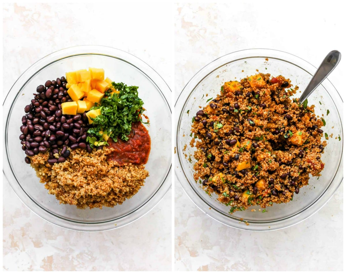 Vegan stuffed pepper filling being mixed in a large bowl