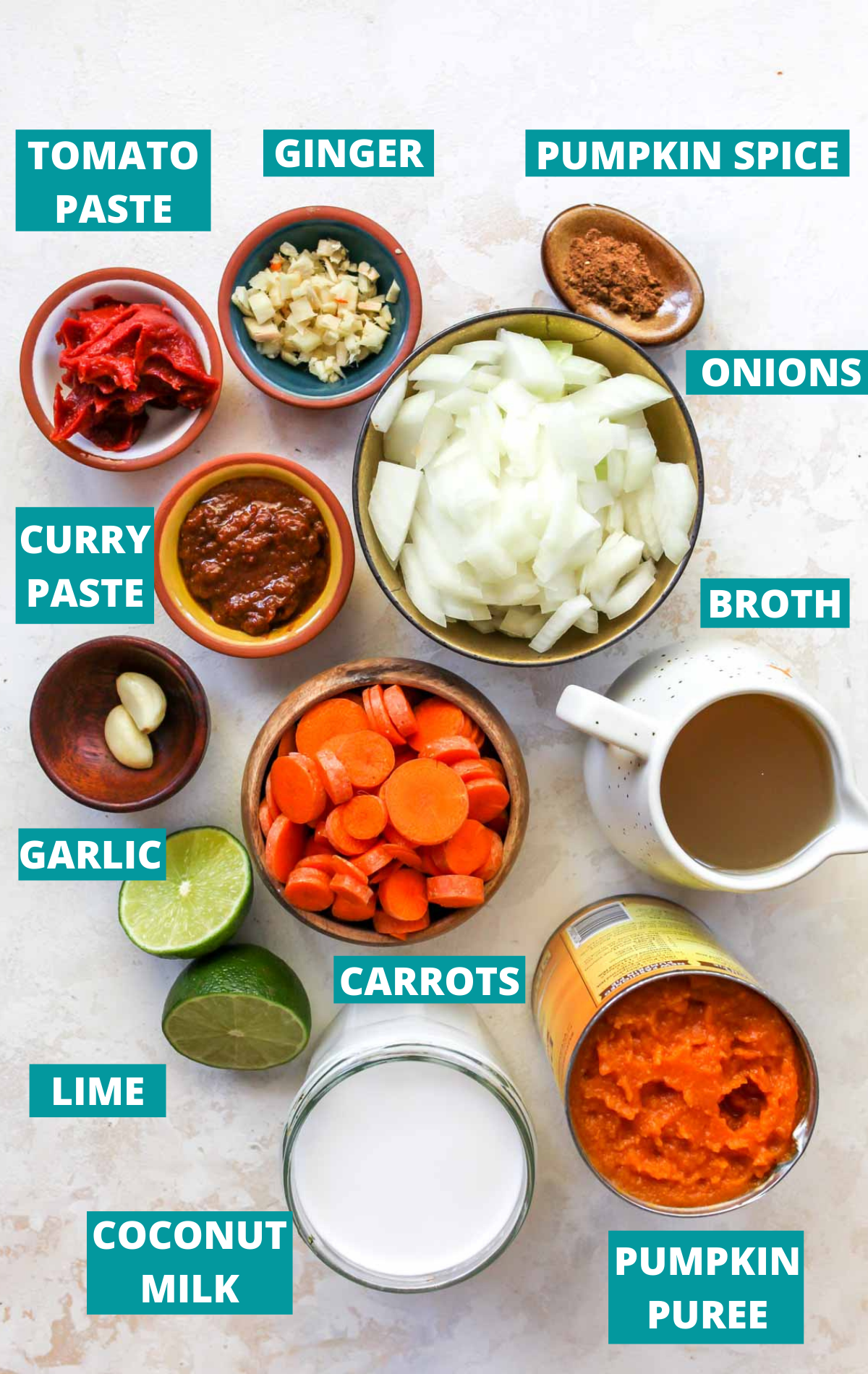 Pumpkin soup ingredients in separate bowls with blue label tags