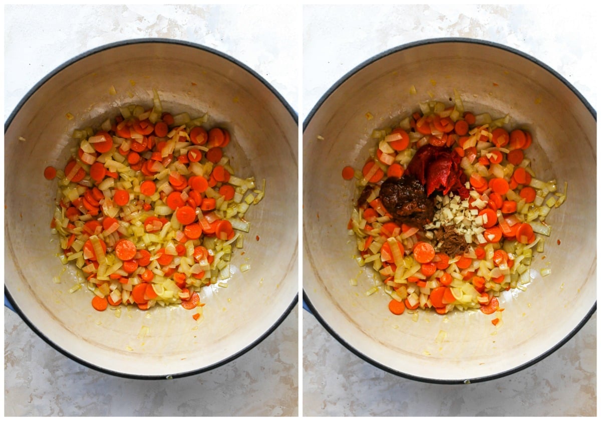 Sauteed onions and carrots in a Dutch oven
