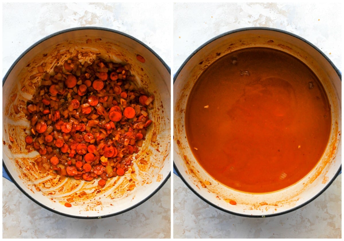 Curry paste, pumpkin puree, and broth being added to a stock pot
