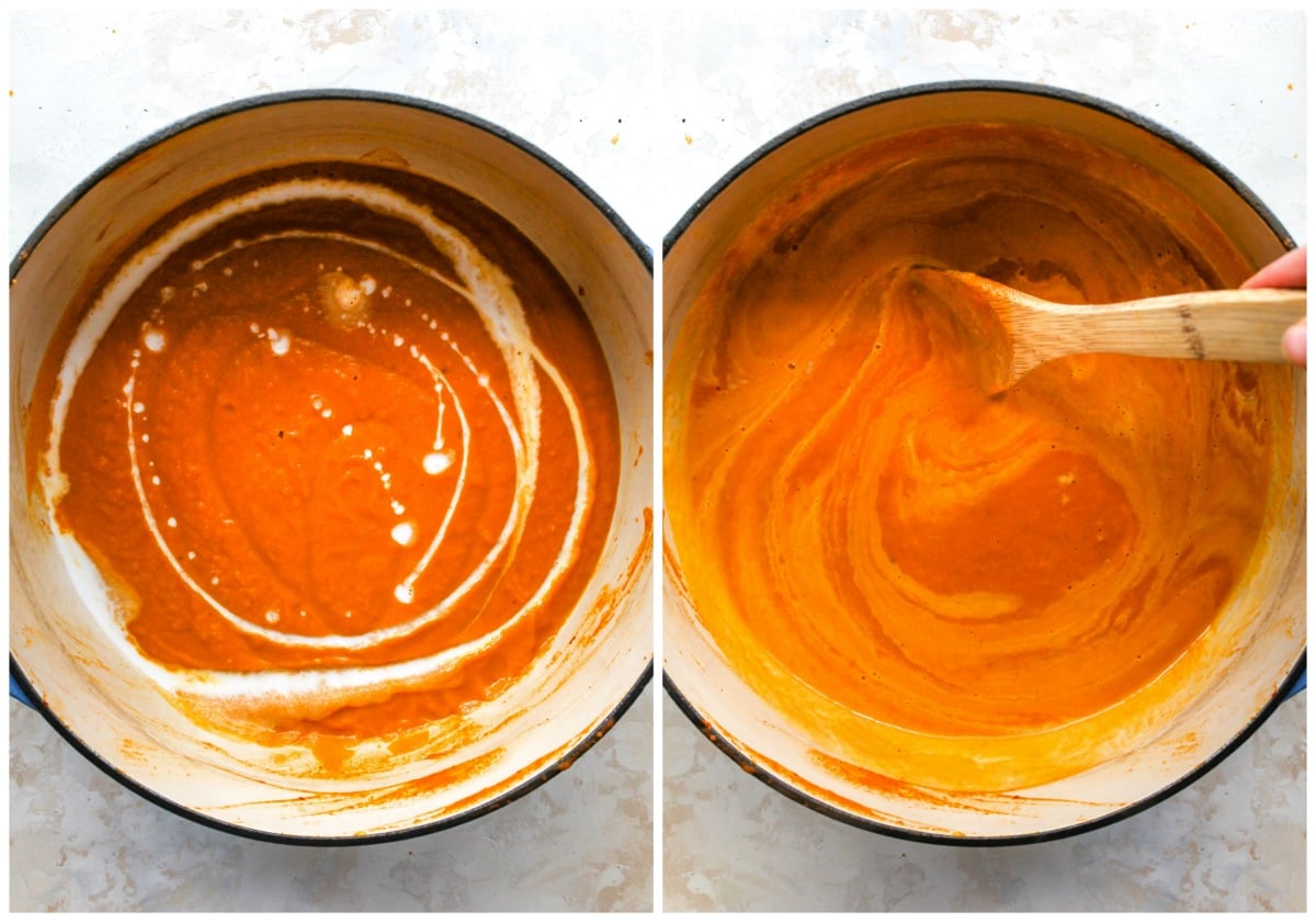 Coconut milk being stirred into pumpkin puree mixture