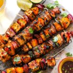 Chili lime veggie kebabs on a silver serving platter