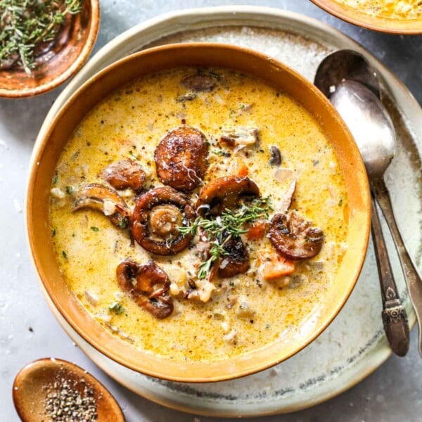 Wild rice and mushroom soup with Parmesan and thyme