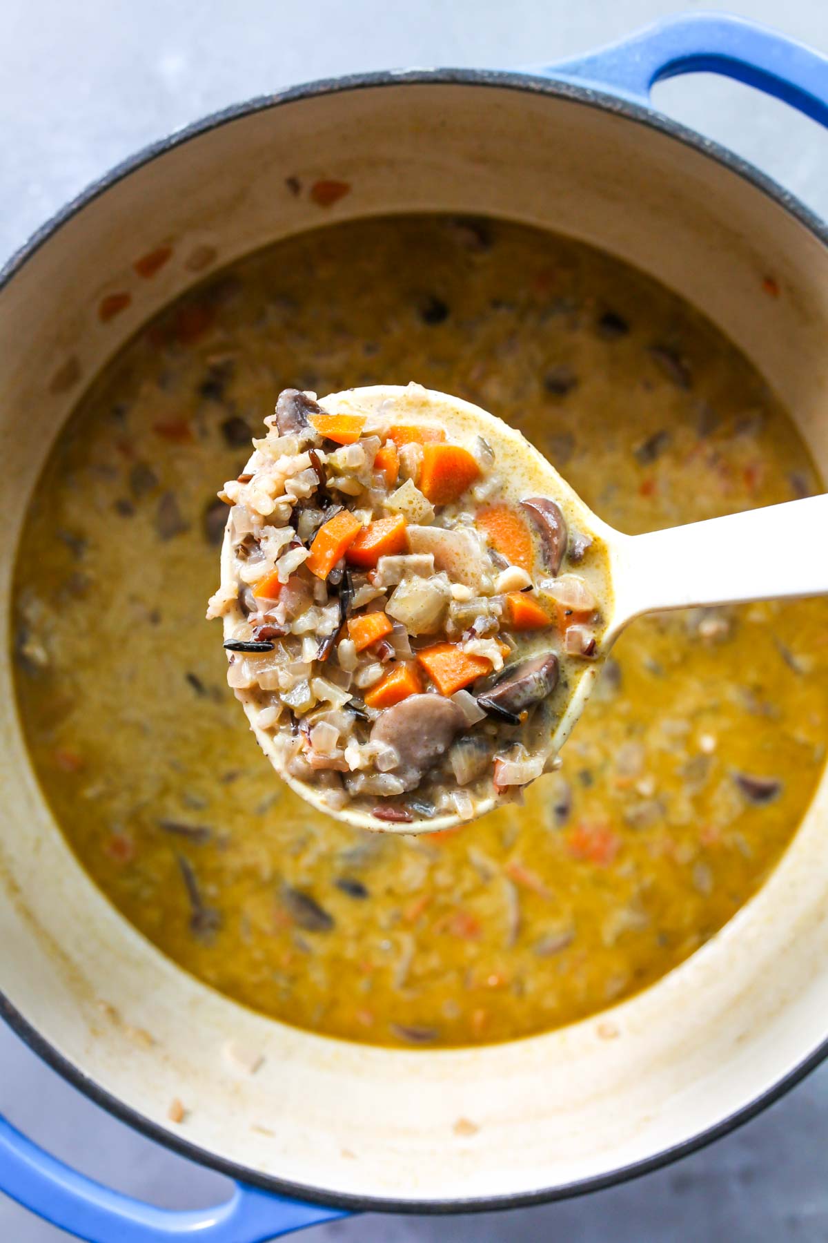 A white ladle pulling out a serving of soup