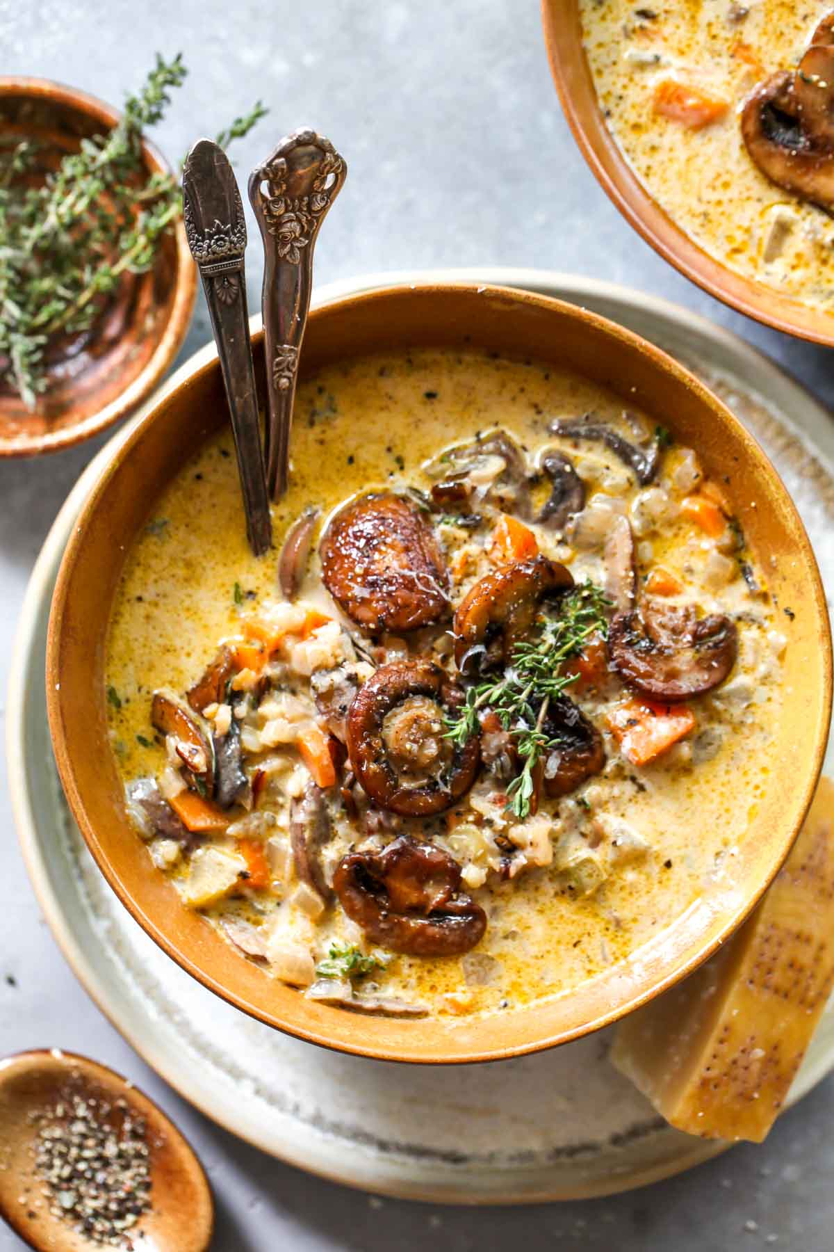 Wild rice and mushroom soup in a gold bowl with spoons resting on the side