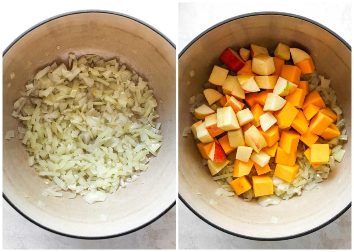 Onion, apple, and squash being sautéed in a Dutch oven