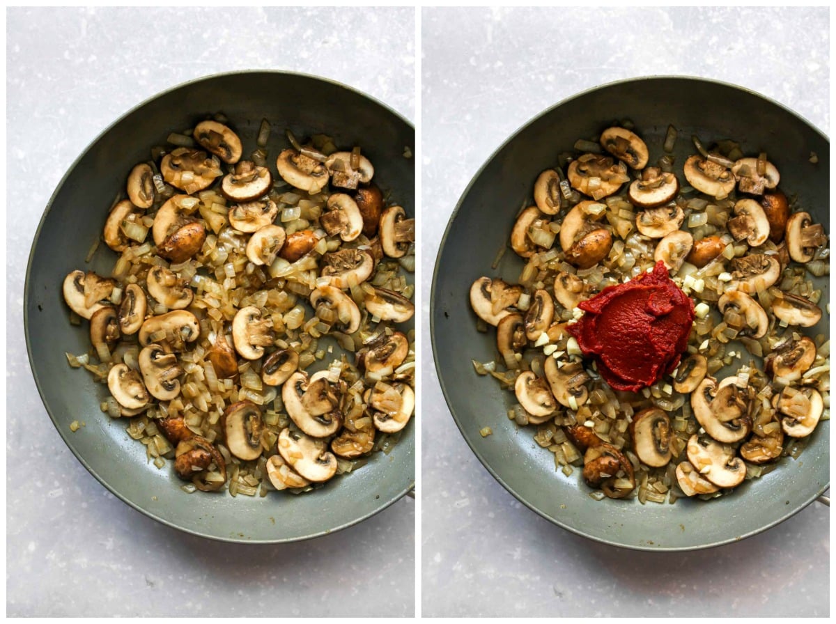 Mushrooms and onions being sautéed, and tomato paste being stirred in.