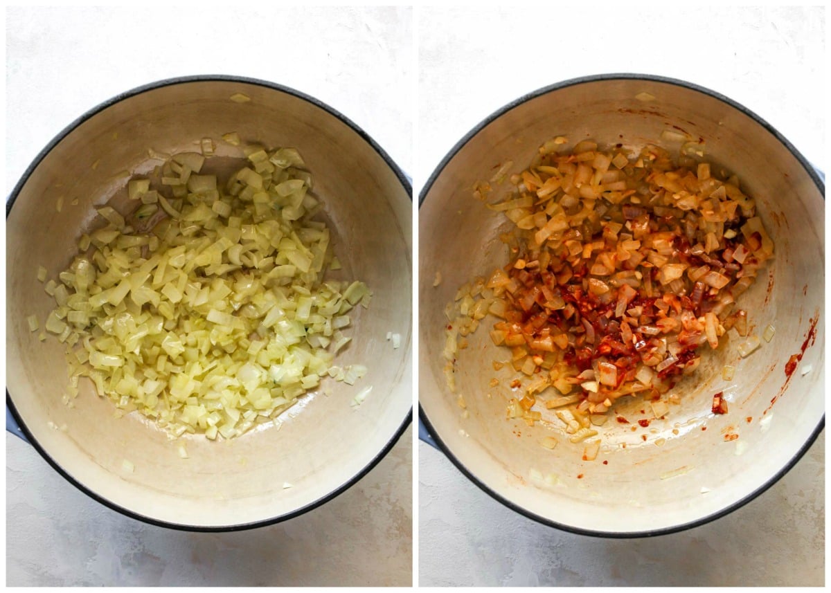 Onions, tomato paste, and garlic cooking in a Dutch oven