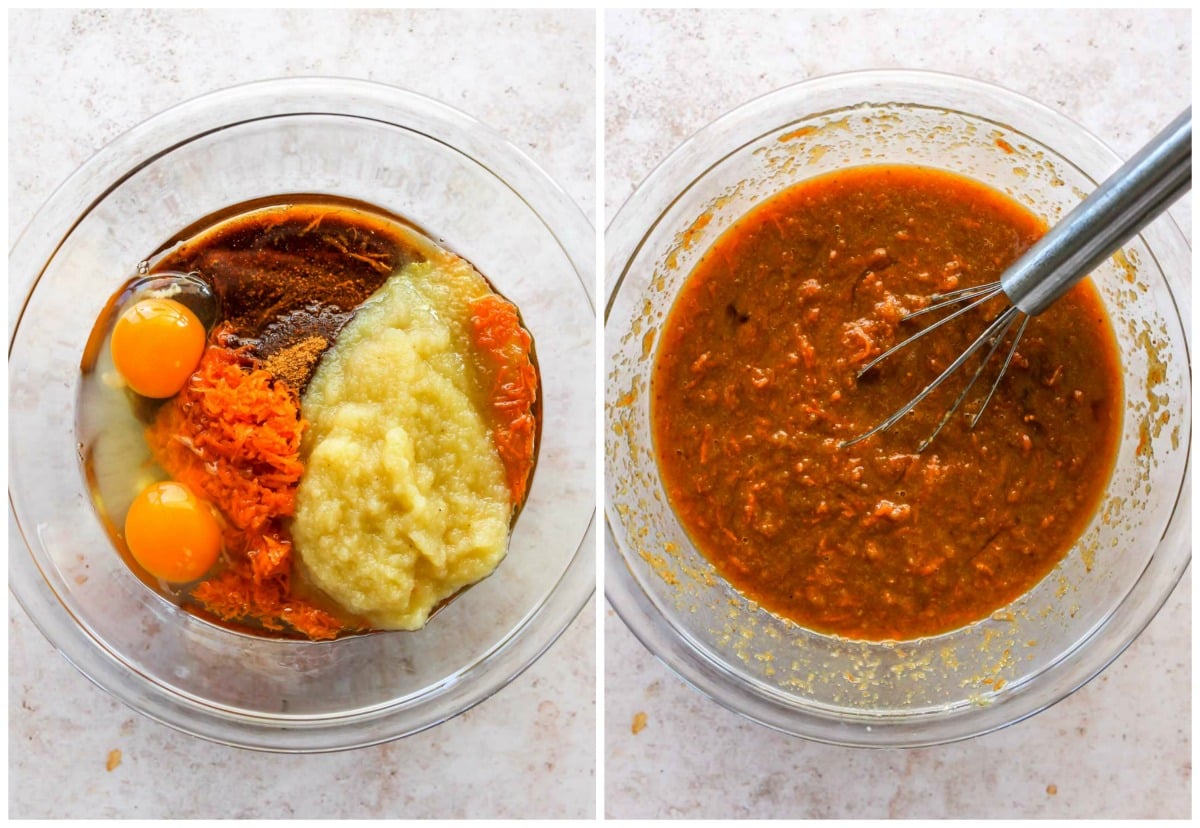 Eggs, carrots, applesauce, and sugar being whisked together in a mixing bowl