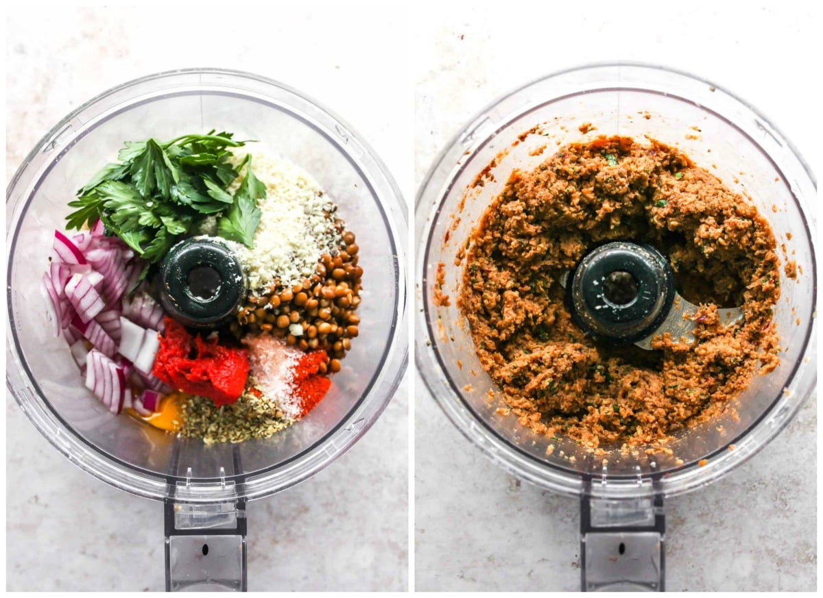 Lentils, breadcrumbs, onion, and herbs being blended in a food processor