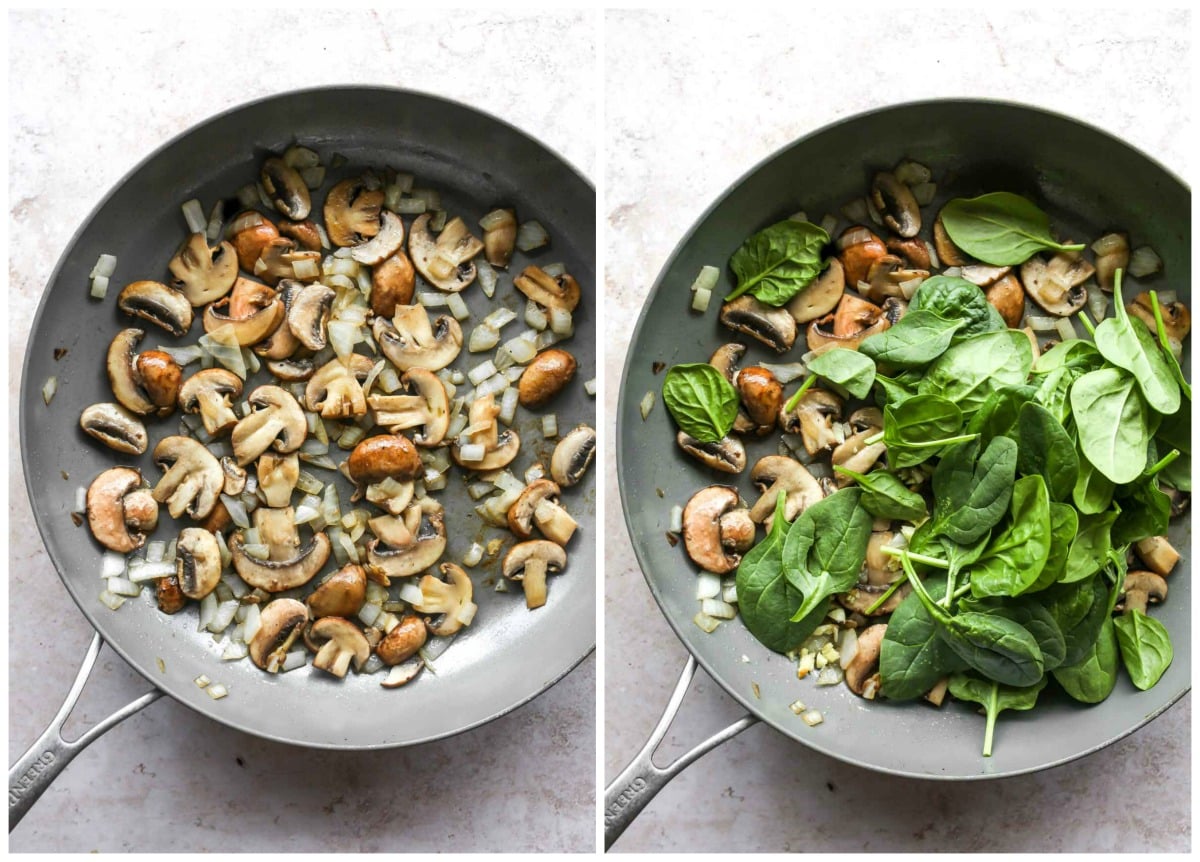Mushrooms, shallots, and spinach cooking in a skillet