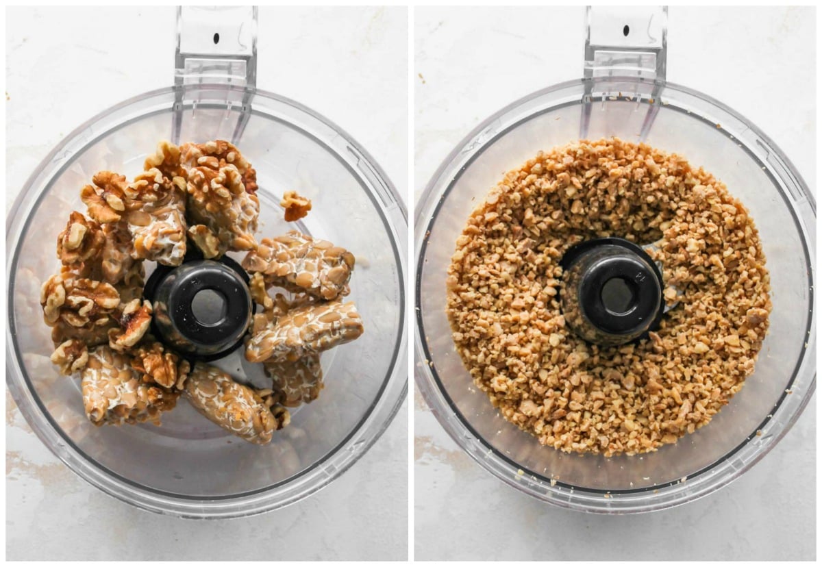 Tempeh and walnuts being blended in a food processor