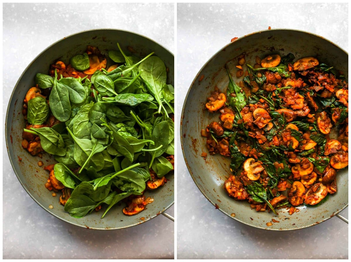 Fresh spinach being mixed into a skillet of mushrooms and onions.