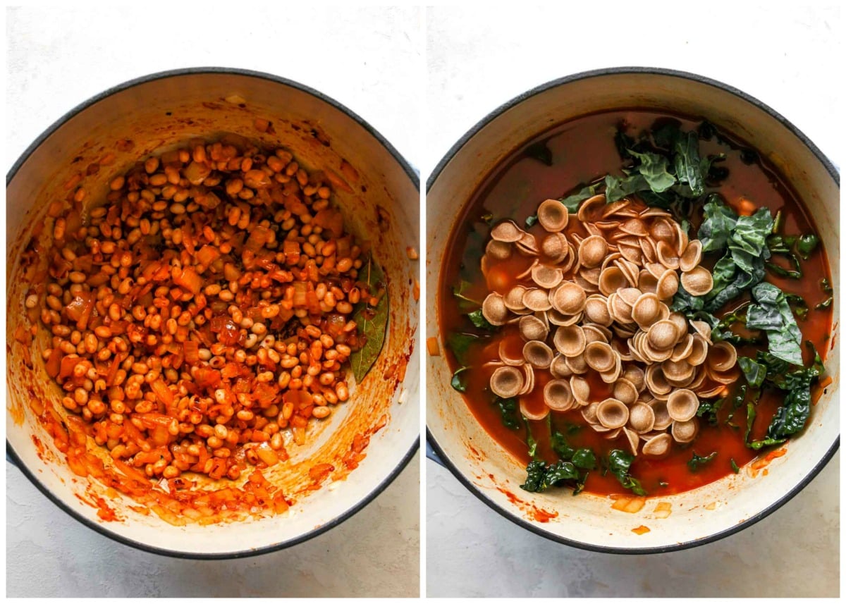 Beans, kale, and pasta being added to a Dutch oven