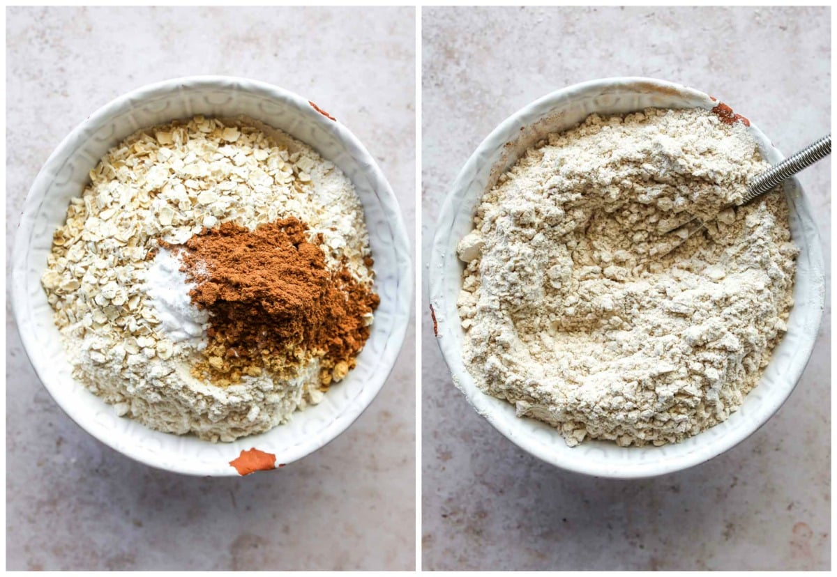 Flour, oats, and spices being whisked together in a mixing bowl