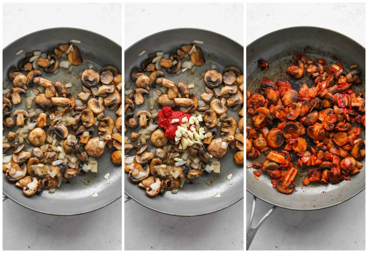 Mushrooms, onions, and tomato paste cooking in a large skillet