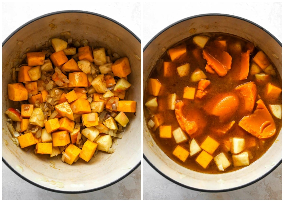 Spices, broth, and pumpkin puree being added to a Dutch oven
