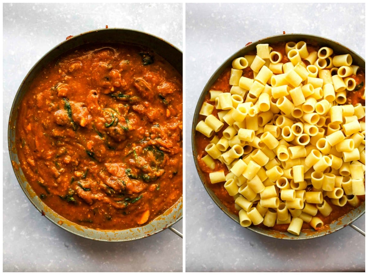 Pasta being added to a skillet with pumpkin pasta sauce.