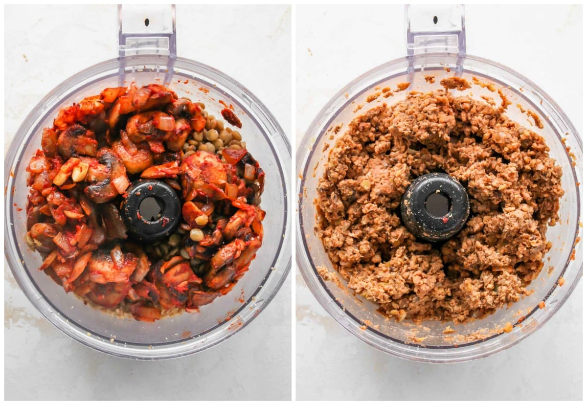 Mushroom mixture being added to tempeh mixture and blended in a food processor