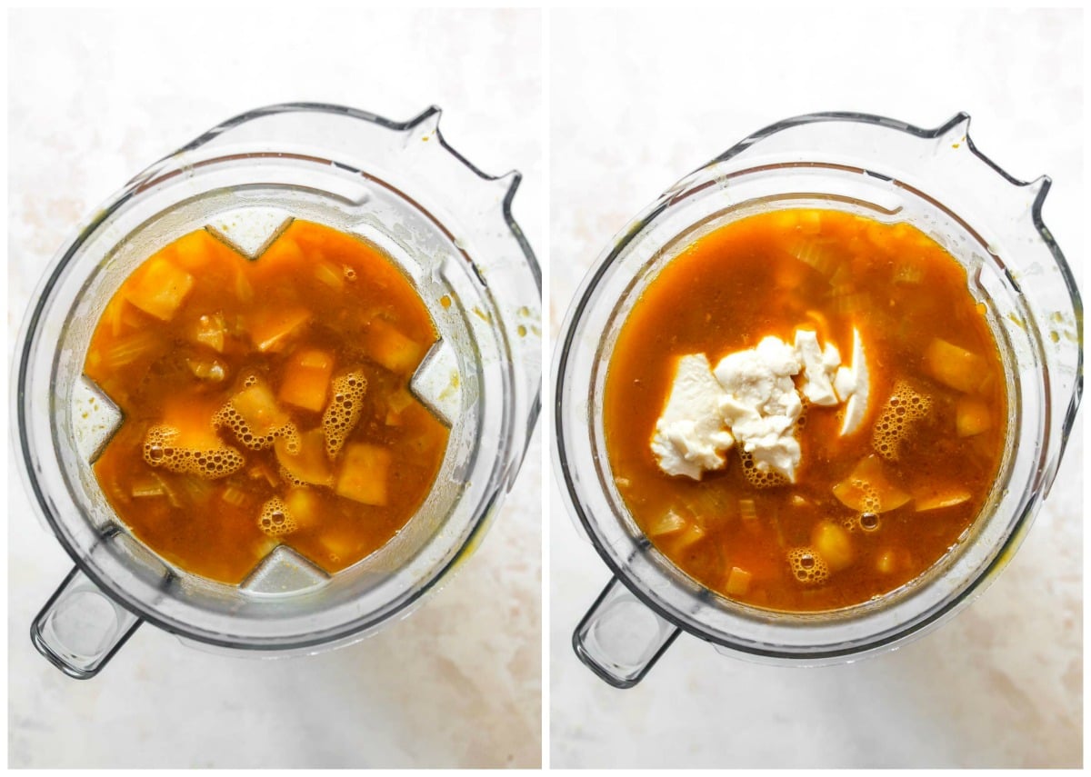 Soup being transferred to a blender along with silken tofu