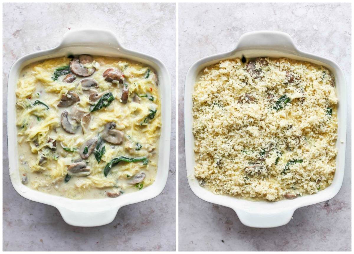 Spaghetti squash mixture topped with Parmesan-Panko topping in a baking dish