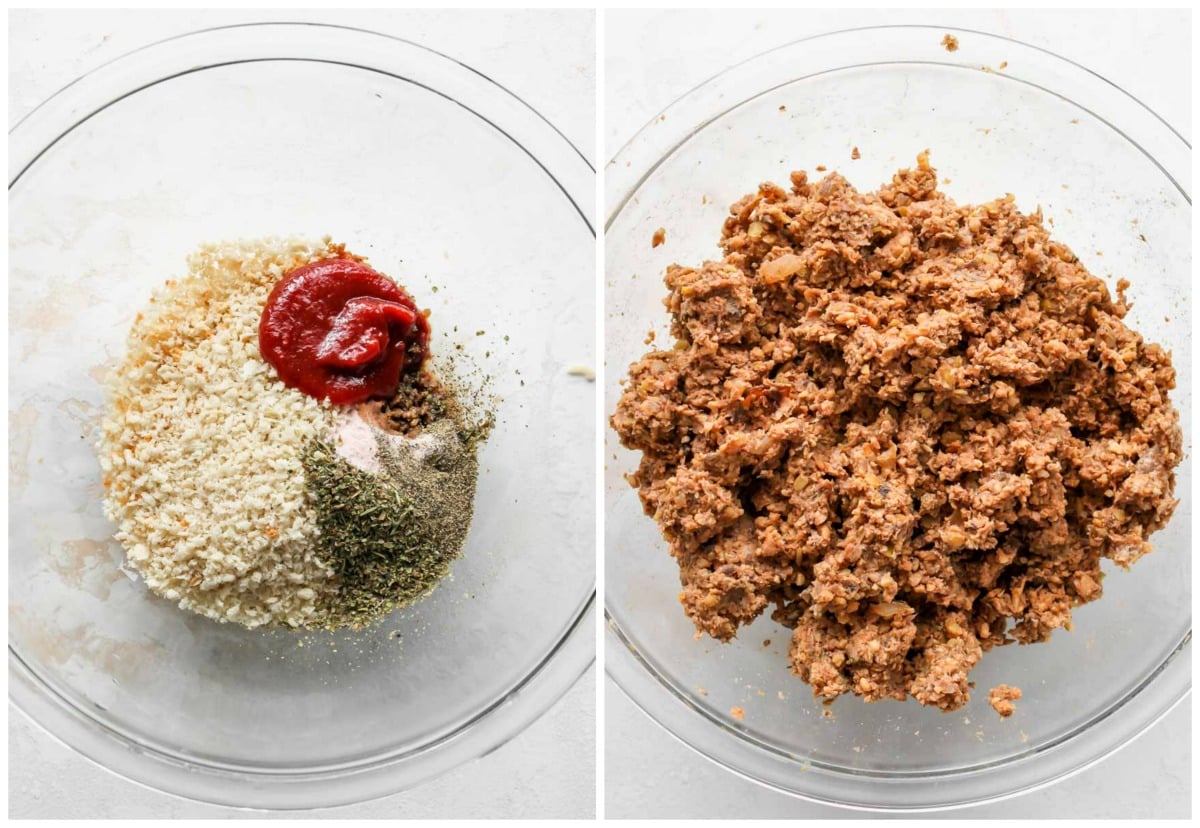Breadcrumbs, ketchup and spices being mixed with blended lentil mixture in a large glass bowl