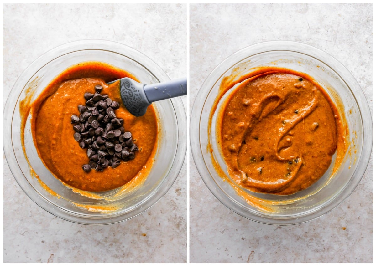 Chocolate chips being mixed into pumpkin bar batter.