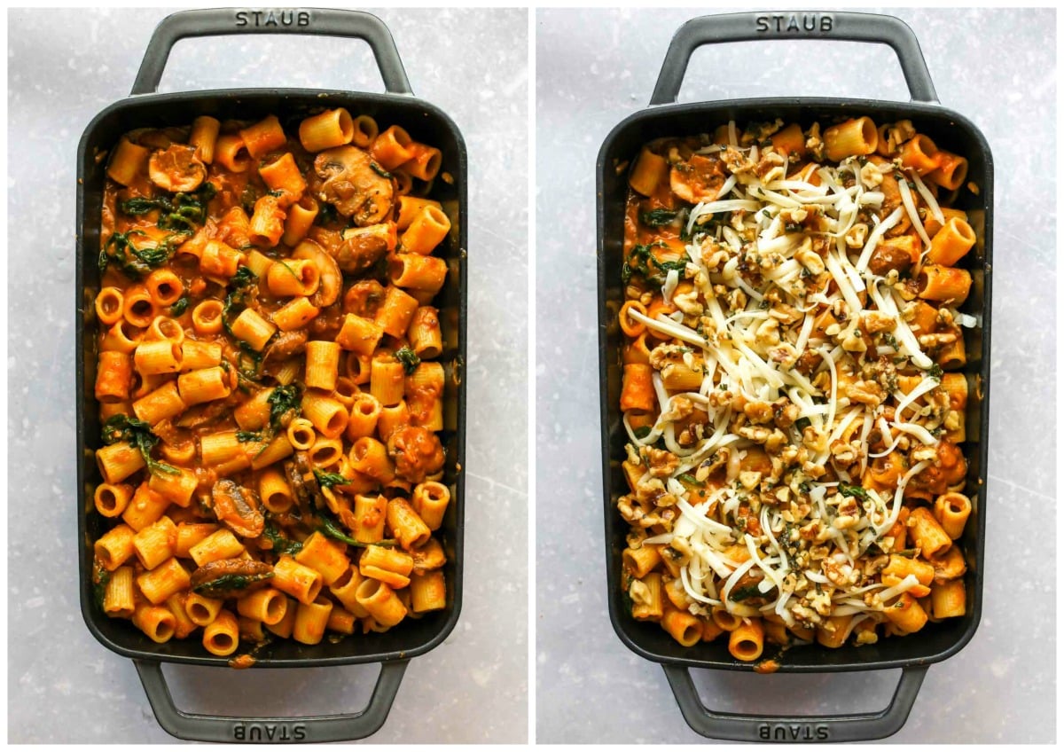 Pumpkin pasta being topped with shredded cheese and walnut-sage topping in a large baking dish.
