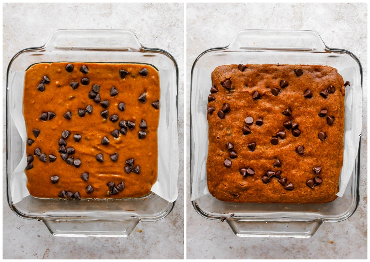 Pumpkin batter being poured in a baking dish and topped with chocolate chips.