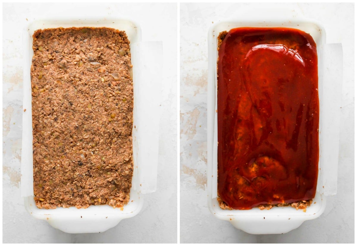 Vegan meatloaf in a baking pan topped with ketchup