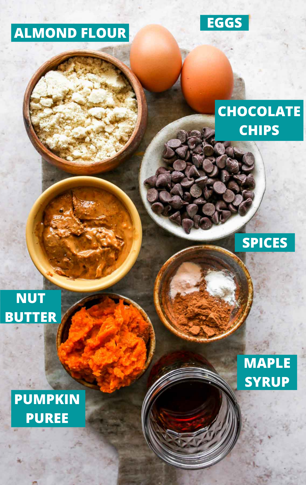 Ingredients in separate bowls with blue labels.