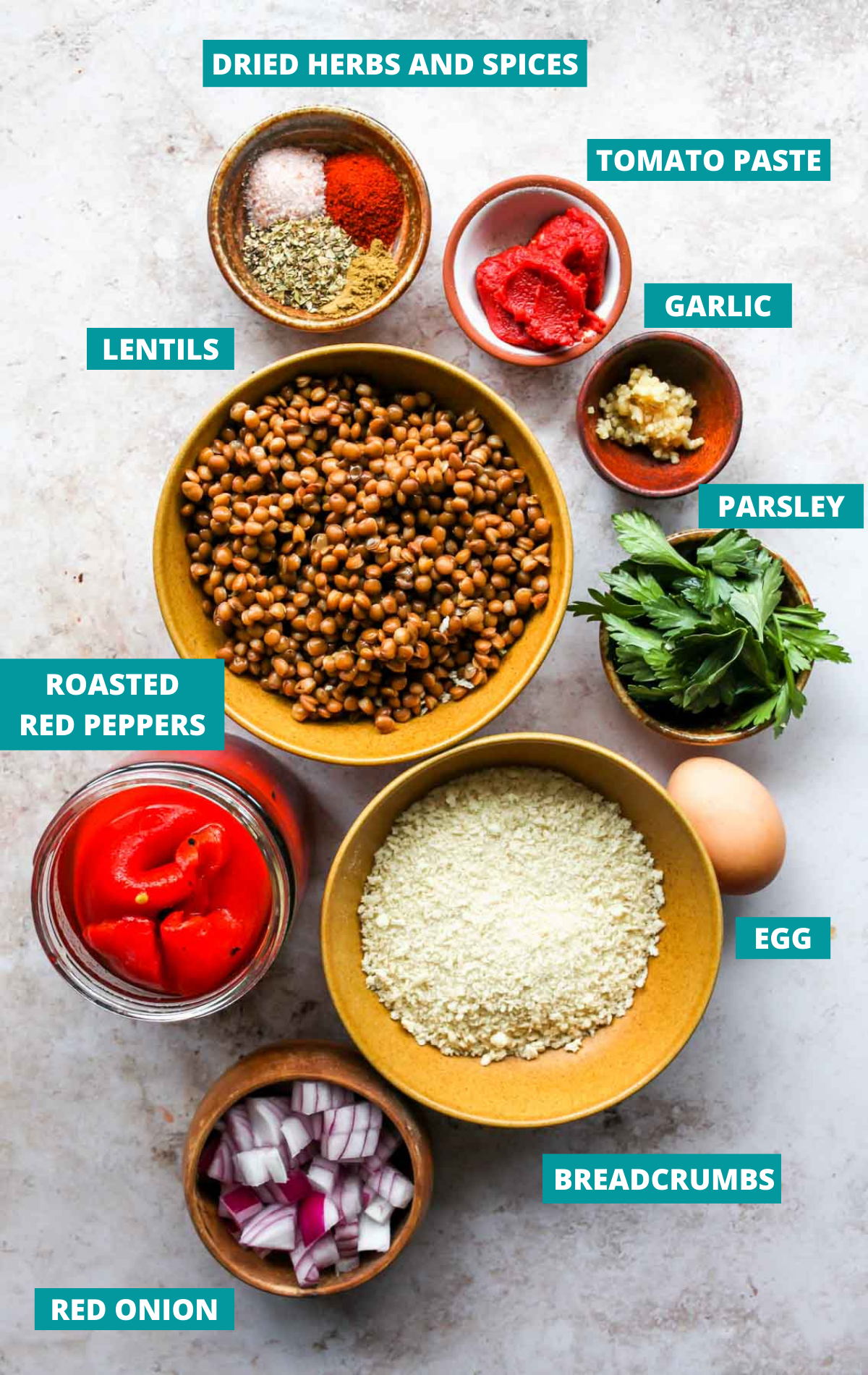 Veggie meatball ingredients in separate bowls with blue labels