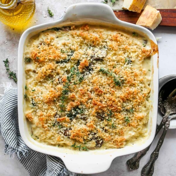 Spaghetti Squash Casserole with Mushrooms, Goat Cheese, and crispy Parmesan topping